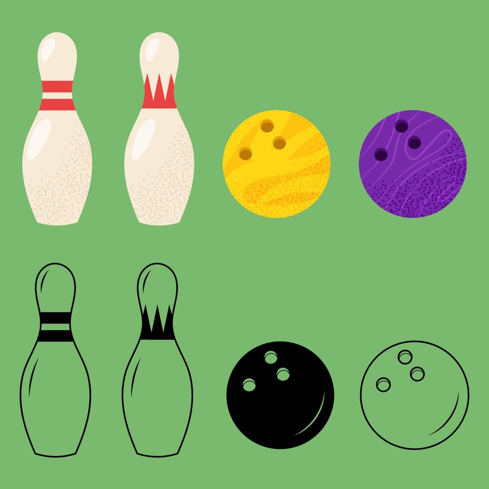 Bowling. Set of coloured and black and white icons of pins and ball for bowling. Line icon. For designs team sports and outdoor activity themes. vector