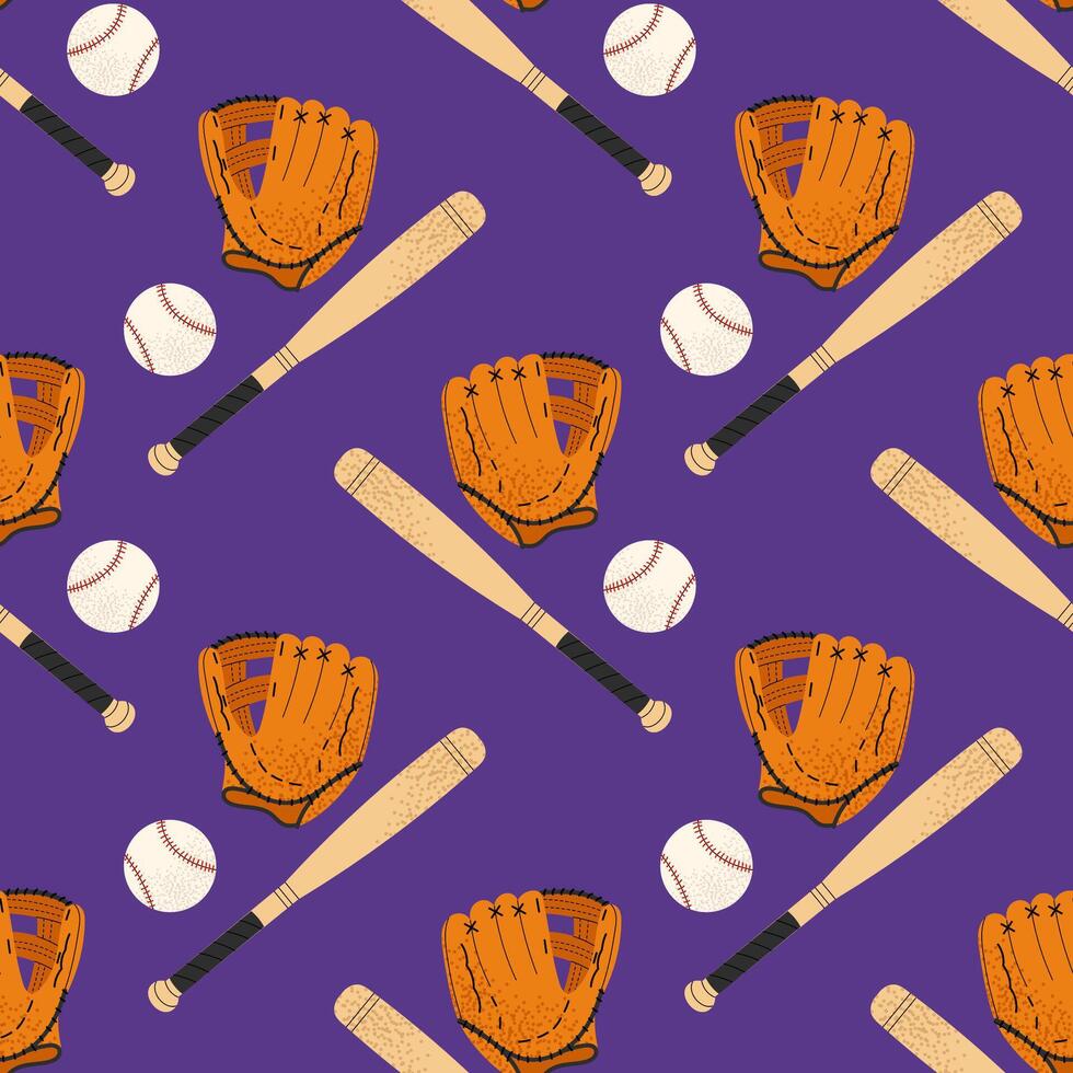 Sports equipment bat, ball and glove. For sports themes, outdoor games and team activity concepts. Seamless pattern for textile, wrapping paper, background. vector
