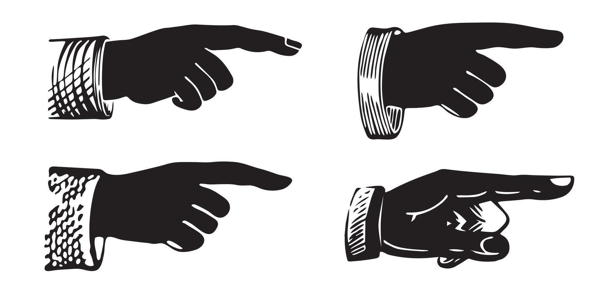 Set of silhouette engravings of pointing fingers. Hands pointing symbols. vector