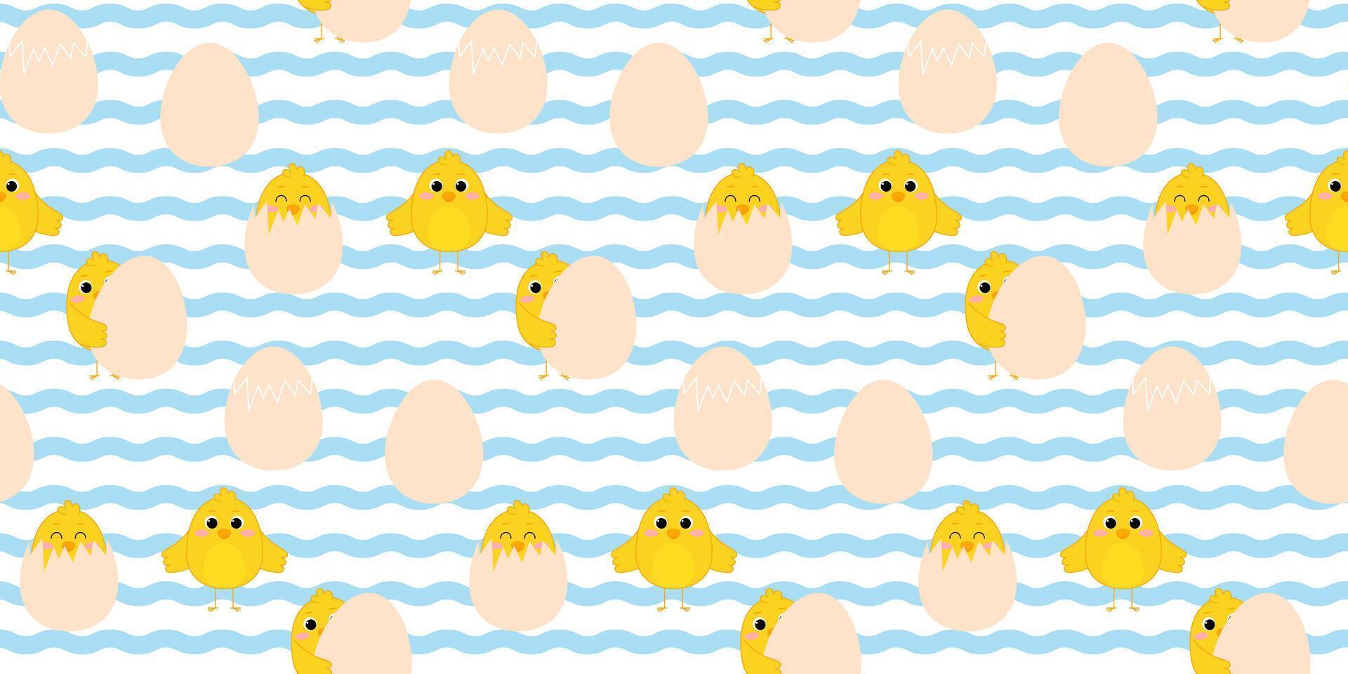 Seamless pattern with cute chickens and eggs. Childrens pattern for clothes, textiles, posters, packaging. illustration vector