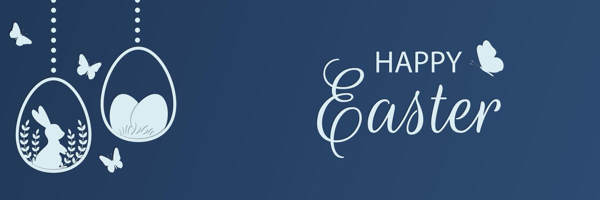 Festive horizontal Happy Easter banner with cut paper effect. Design with Easter eggs, bunny, butterflies on blue background. illustration vector