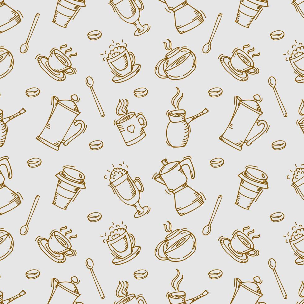 pattern with coffee cups, saucers and coffee pot. Coffee beans and coffee utensils. vector