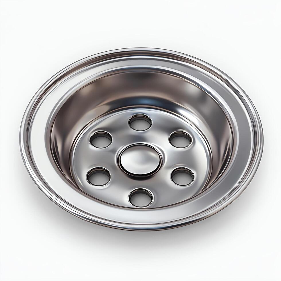 A shiny metal sink strainer for kitchen or industrial use. photo