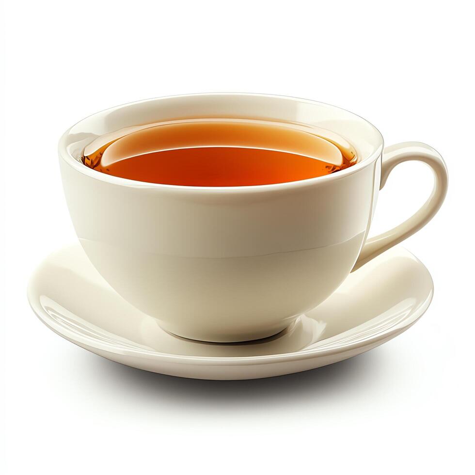 A steaming cup of tea in a white ceramic cup with a saucer. photo