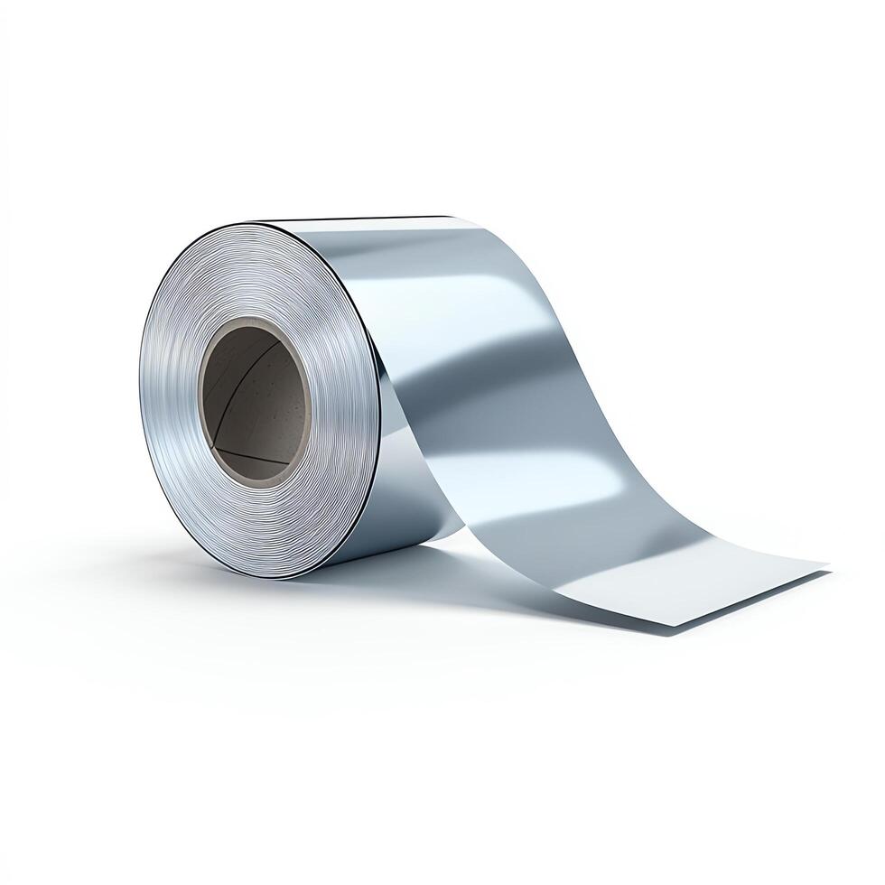 A roll of shiny aluminum foil on a white background. photo