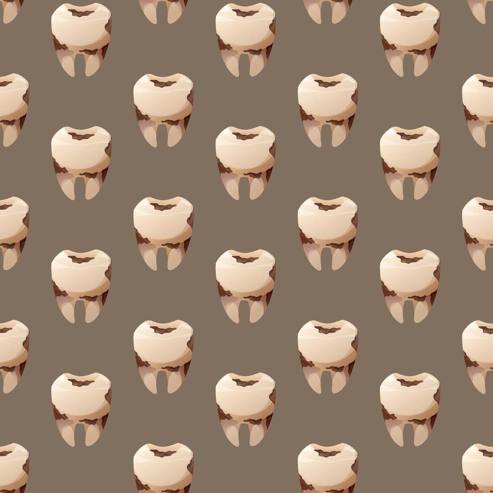 Decayed tooth with cavities and plaque buildup. Seamless cartoon pattern, Damaged molar illustration symbolizing poor oral hygiene, dental problems, and the need for professional treatment. vector