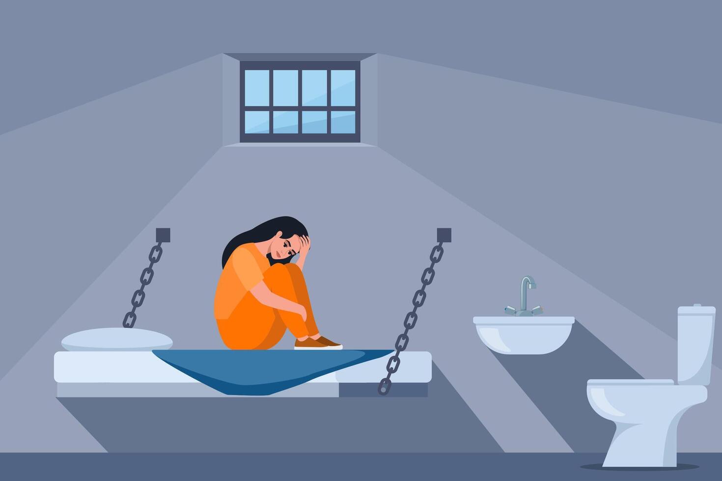 Woman in prisoners cell. Serving time for crime. Violation of law. Girl in orange uniform on bunk. Jail interior. Convicted lawbreaker sitting on bed. illustration. vector