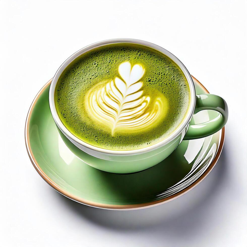 A vibrant green latte with artistic foam design in a cup. photo