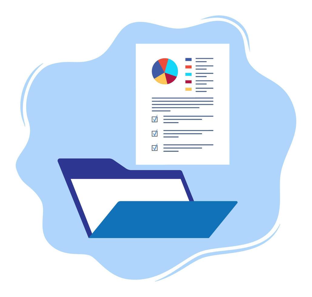 Open blue folder and documents, statistical data with charts, diagrams. Workplace documents for financial statistics, reporting, strategy development. Data analysis. illustration. vector