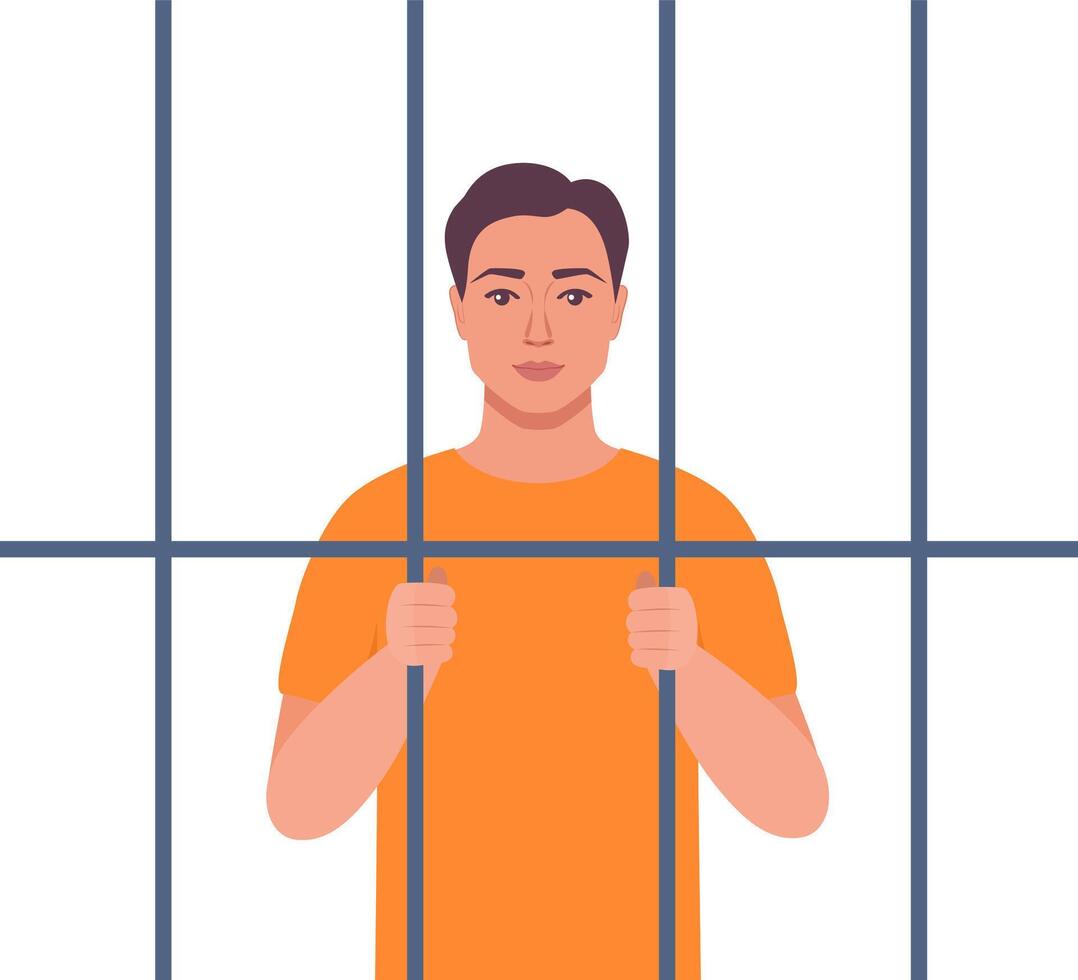 Prisoner guy in orange suit behind bars of a prison cell. Punishment system for crime and law breaking. Arrested guilty man. illustration. vector