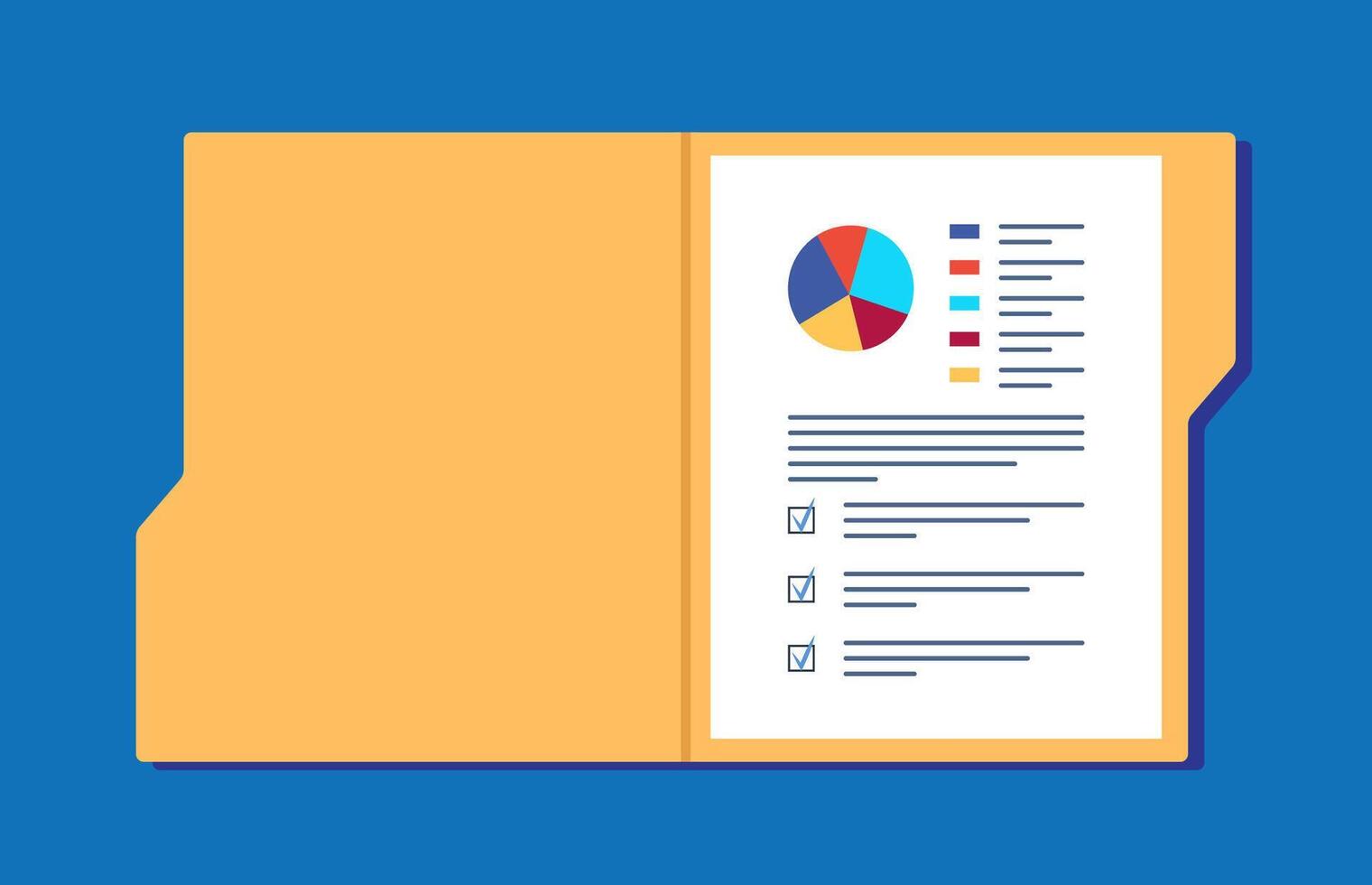 Open yellow folder and documents, statistical data with charts, diagrams. Workplace documents for financial statistics, reporting, strategy development. Data analysis. illustration. vector