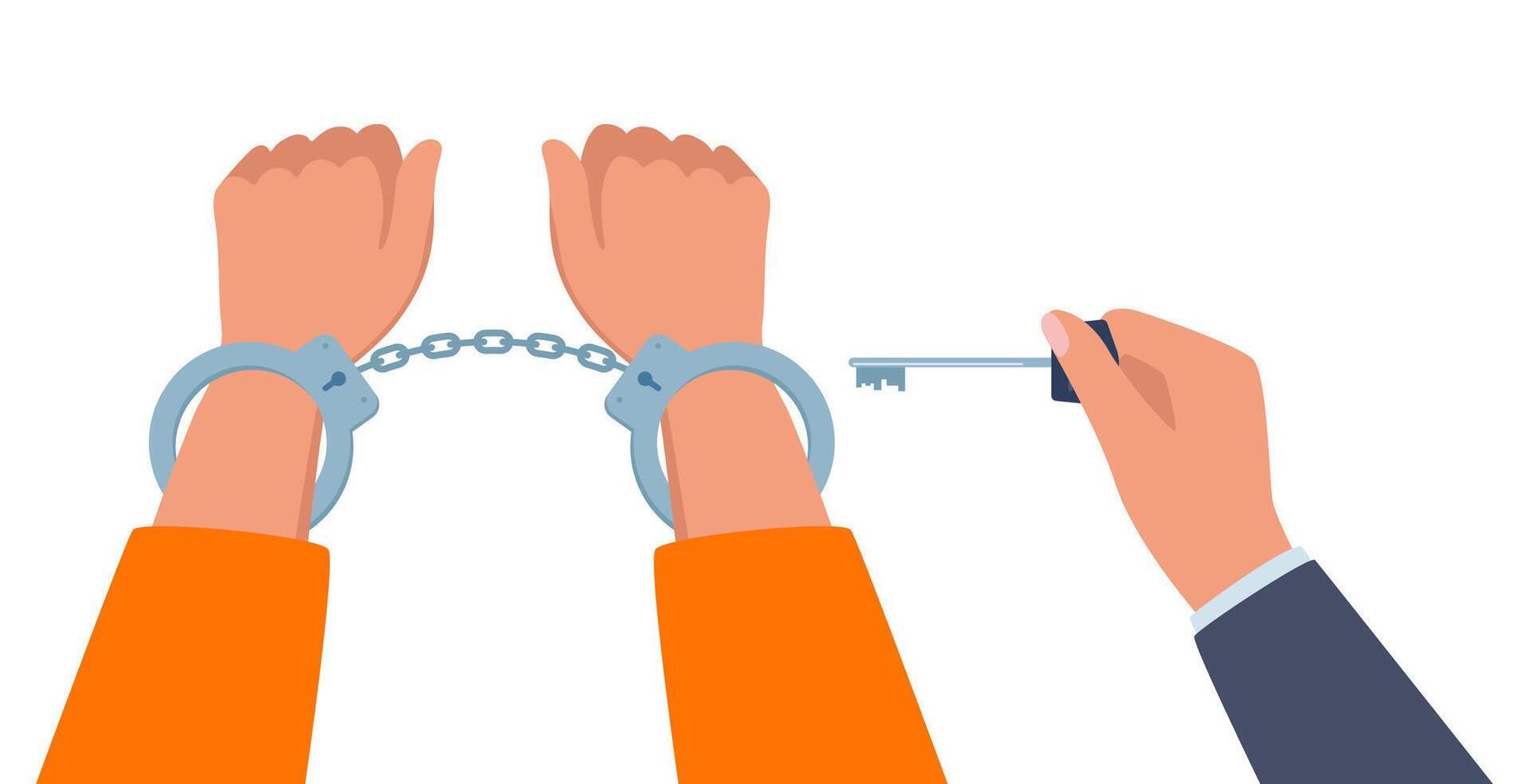 Hands in handcuffs. Key is in the hands of freedom. Arrested man in a metal handcuffs. Break free. Prisoner release. Freedom concept. Unlocking handcuffs. End of arrest. illustration vector