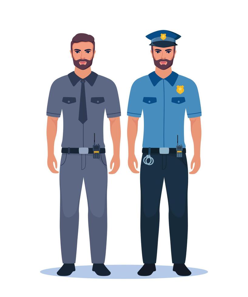 Police officer characters in gray and blue uniform standing in front view. Profession people concept. Job at police station. Policeman character. illustration. vector