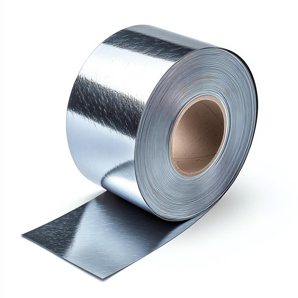 Rolled aluminum foil used for various packaging and insulation needs. photo