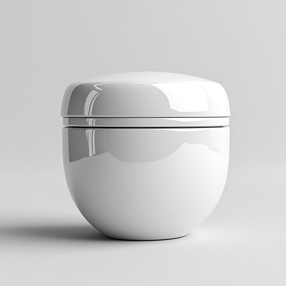 Stylish white container for storage or decoration on a minimalistic background. photo