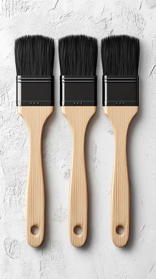 Three paint brushes lined up against a textured gray wall. photo