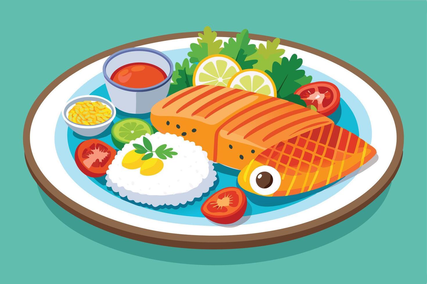 A Rice Fish and Sides on a Plate vector