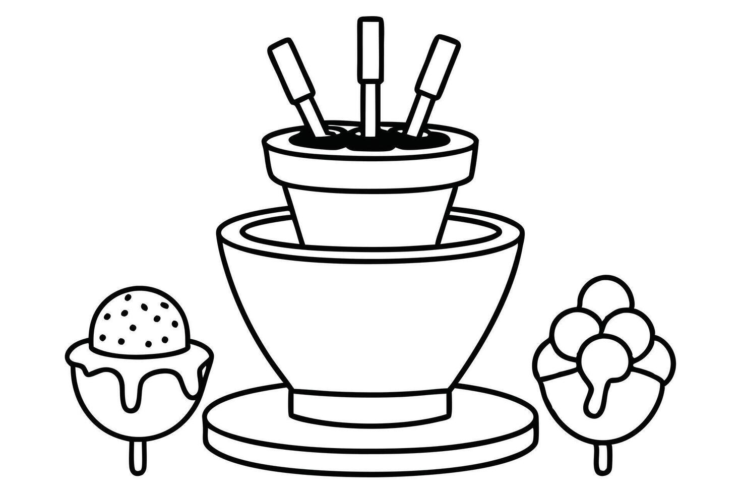 A Black and white illustration of a chocolate fountain with desserts vector