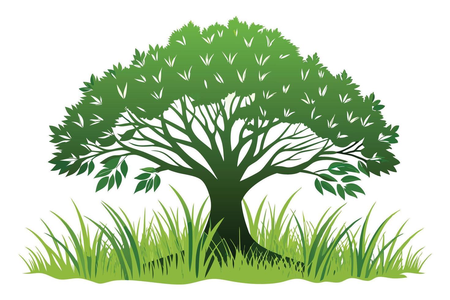Lush green tree silhouette against a field of grass. vector