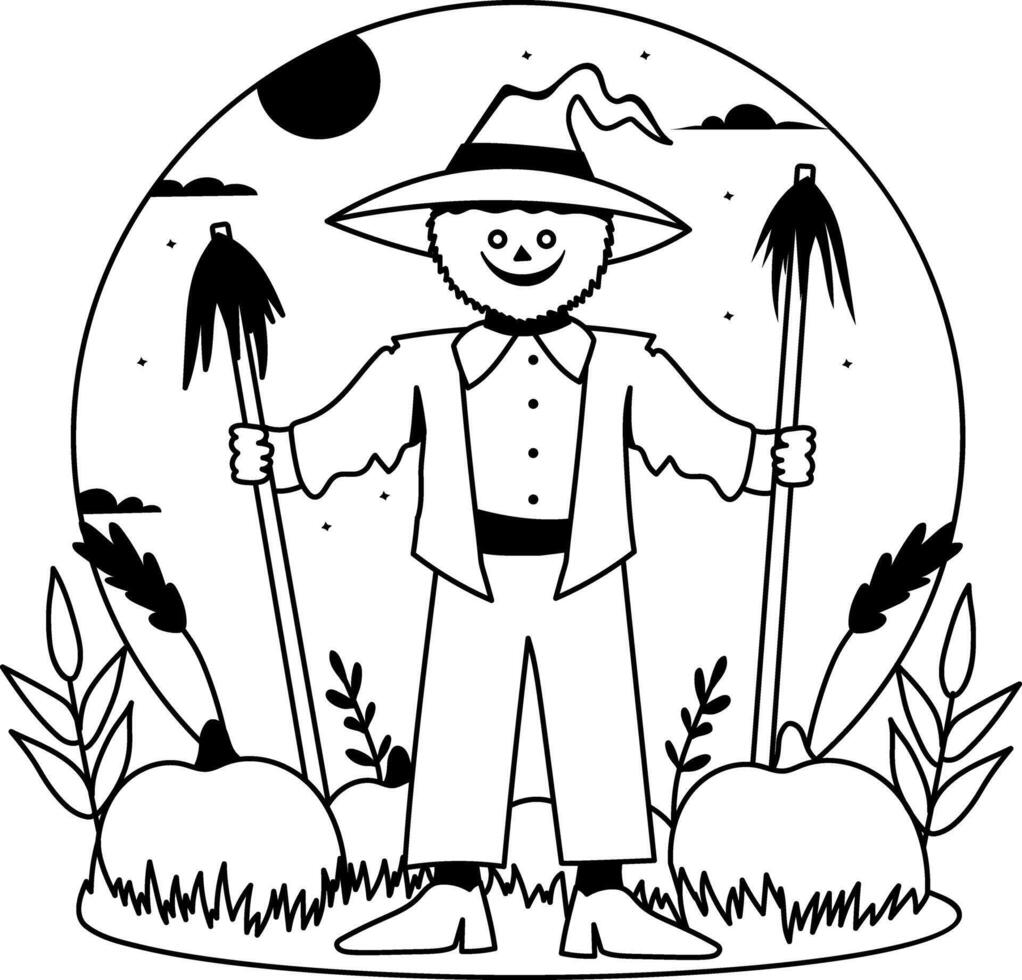 A glyph illustration of scary scarecrow standing in pumpkins field vector