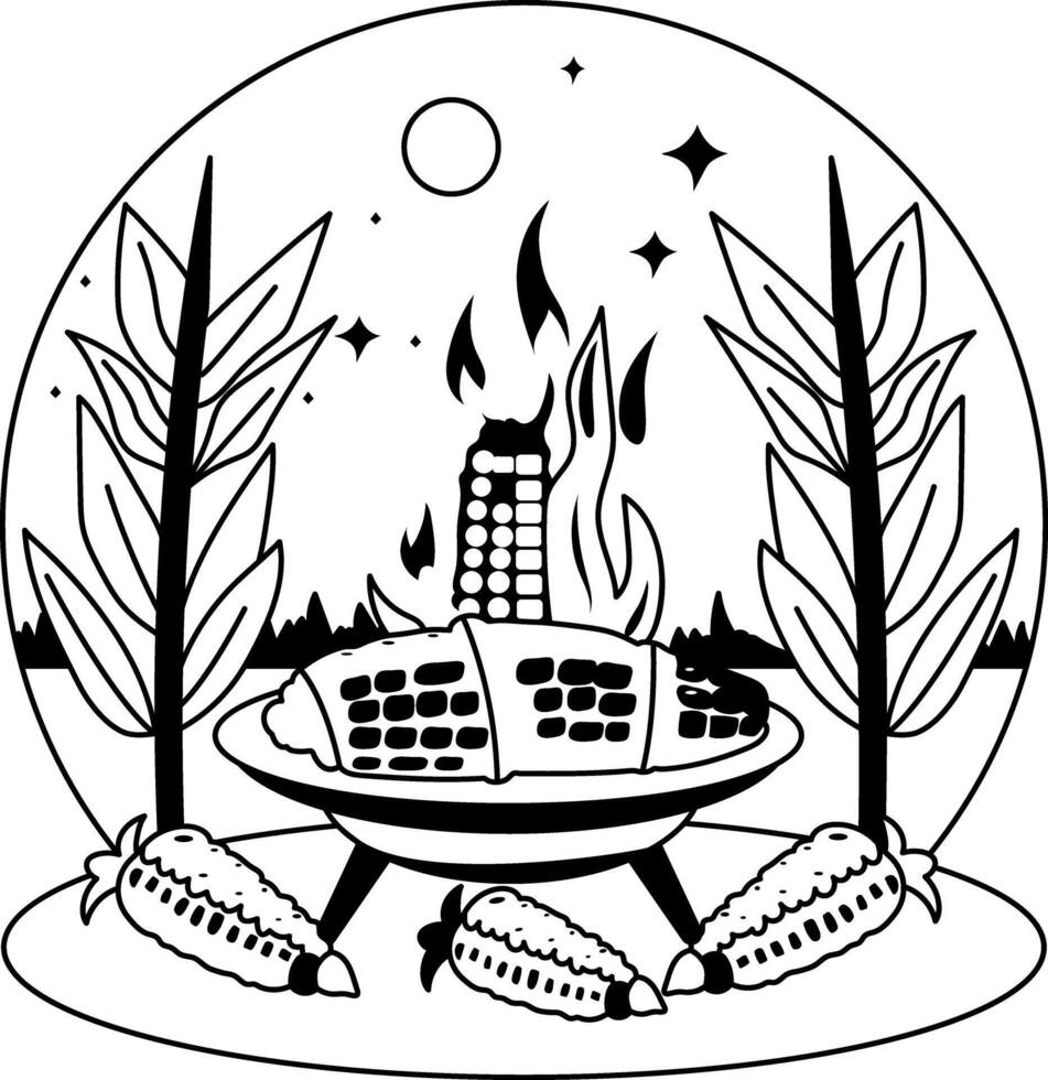 A glyph illustration of roasted corn on fire vector