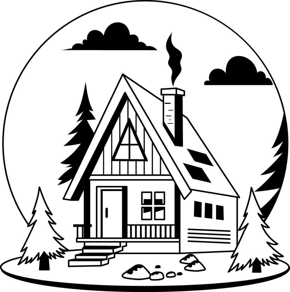 A glyph illustration of wooden cabin in a forest vector