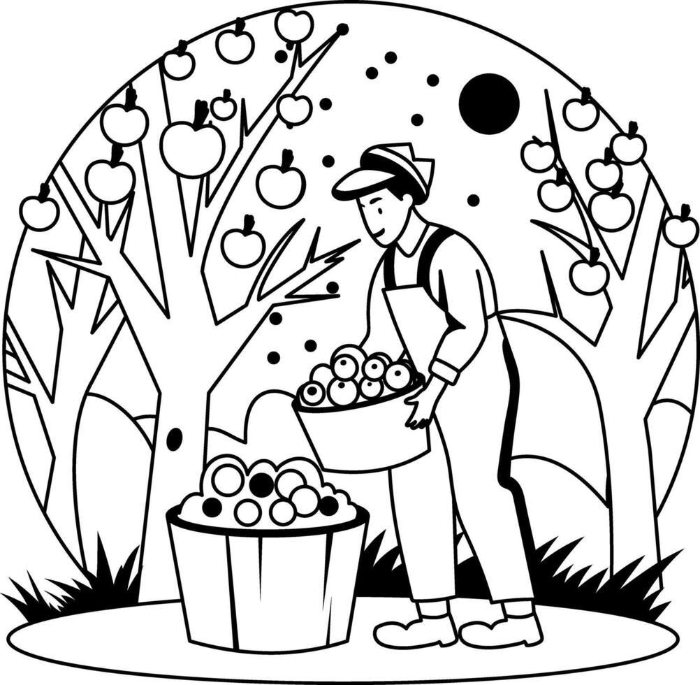 A glyph illustration of a man harvest fruits in fall season vector