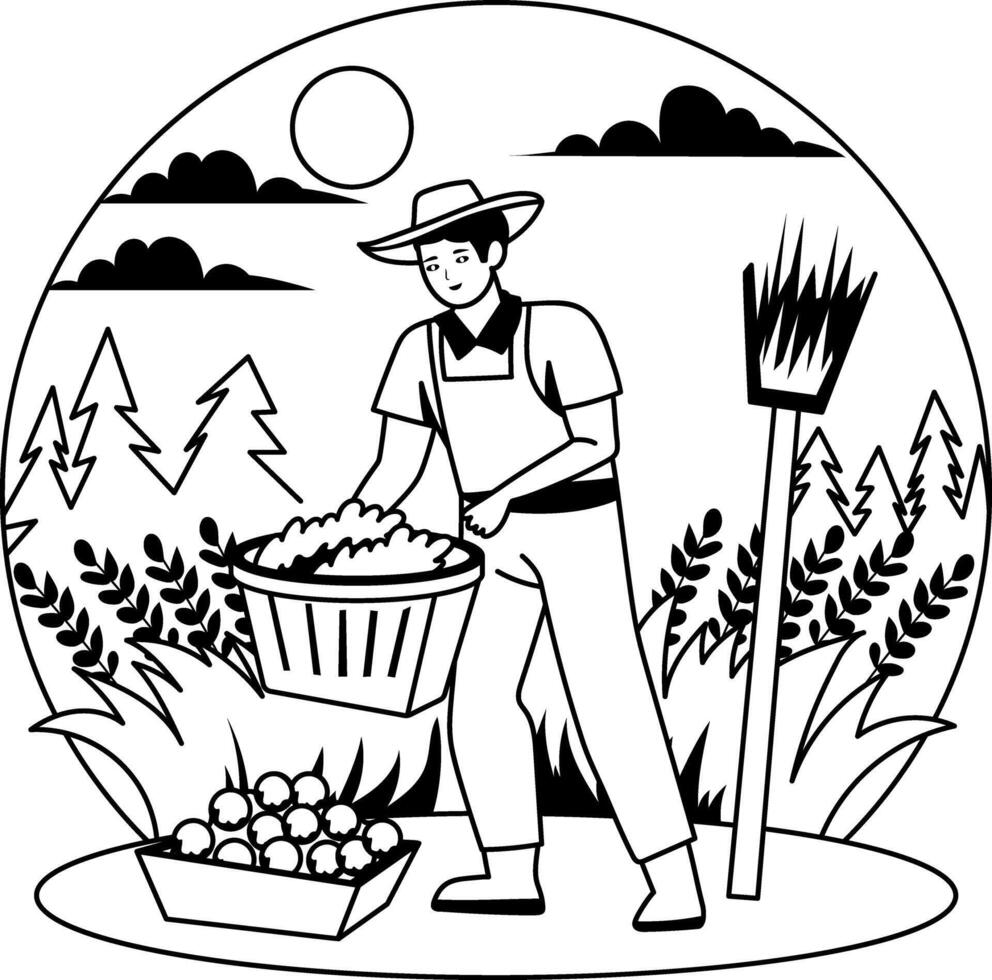 A farmer harvesting his fields, a glyph style illustration vector