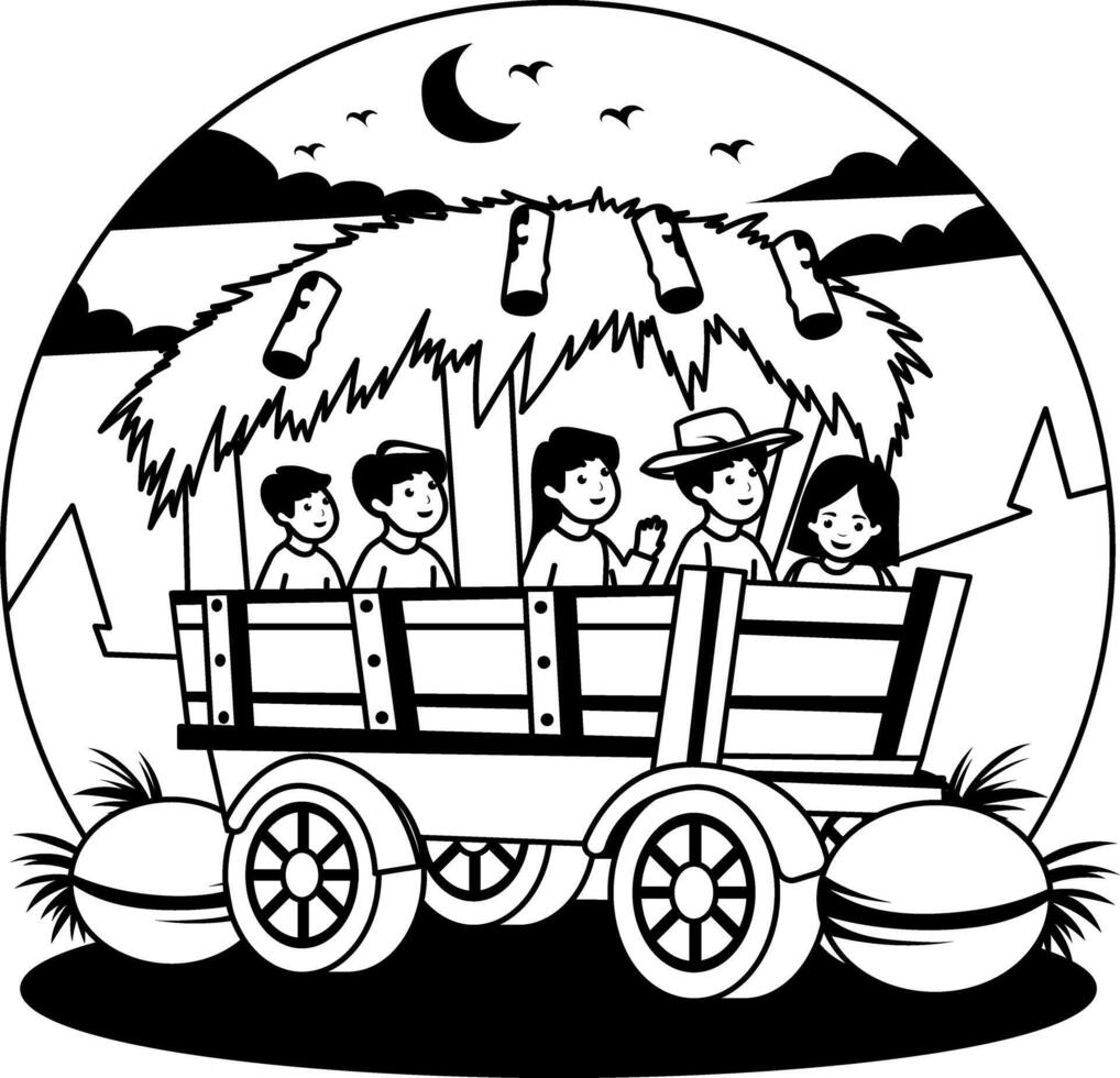 Kids sitting in a wooden cart, glyph style illustration vector