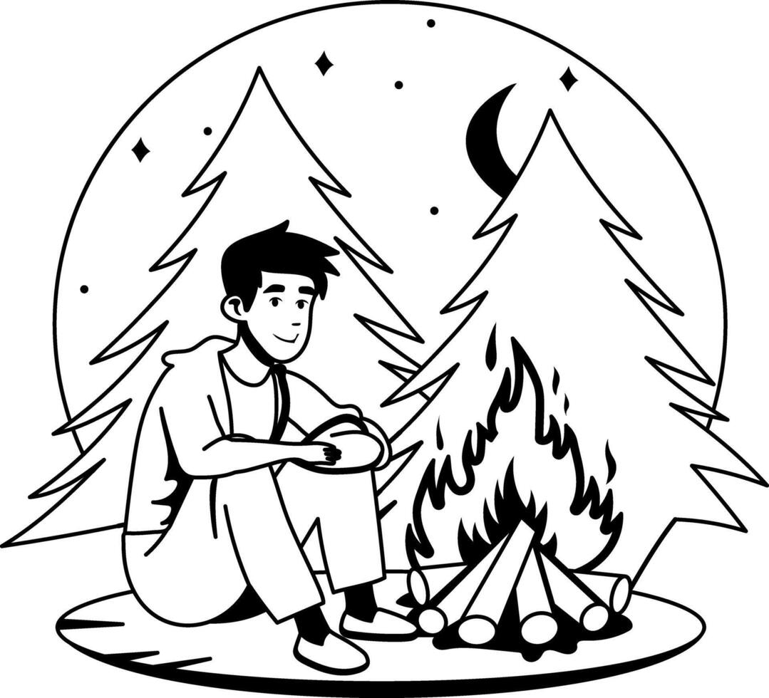 Glyph illustration of a man fire heating in a forest under a starry night vector