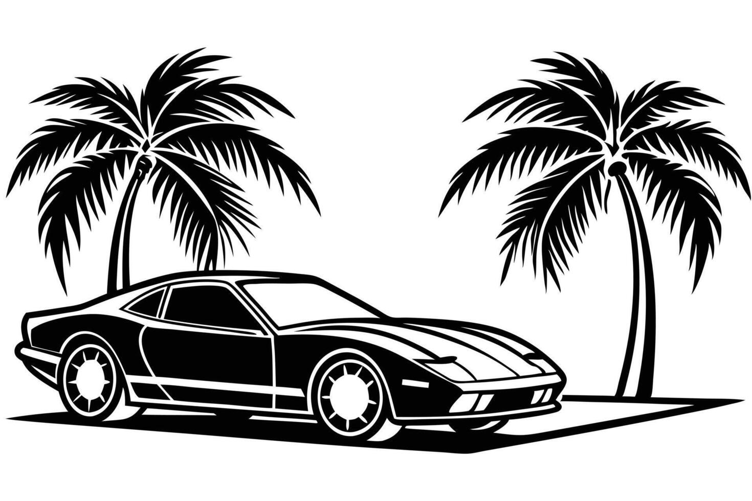 Classic Car at Tropical Paradise A Black and White Illustration vector