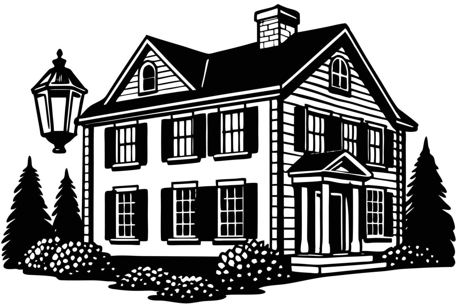 Classic Black and White Illustration of a Colonial House vector