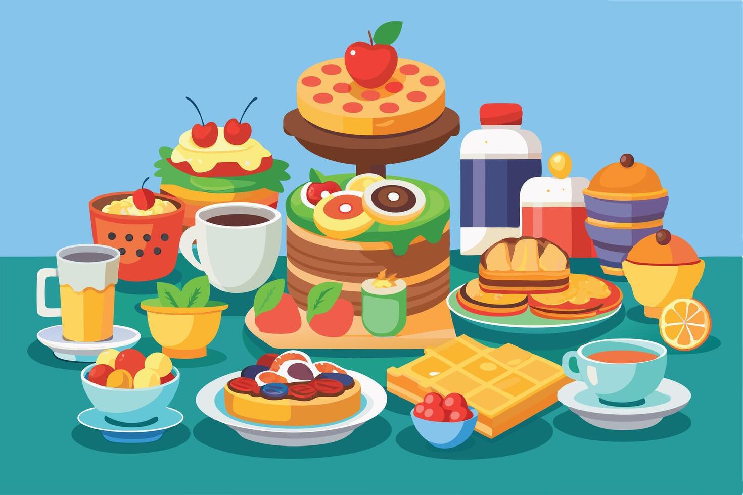 Colorful Array of Delicious Breakfast Foods on a Table vector