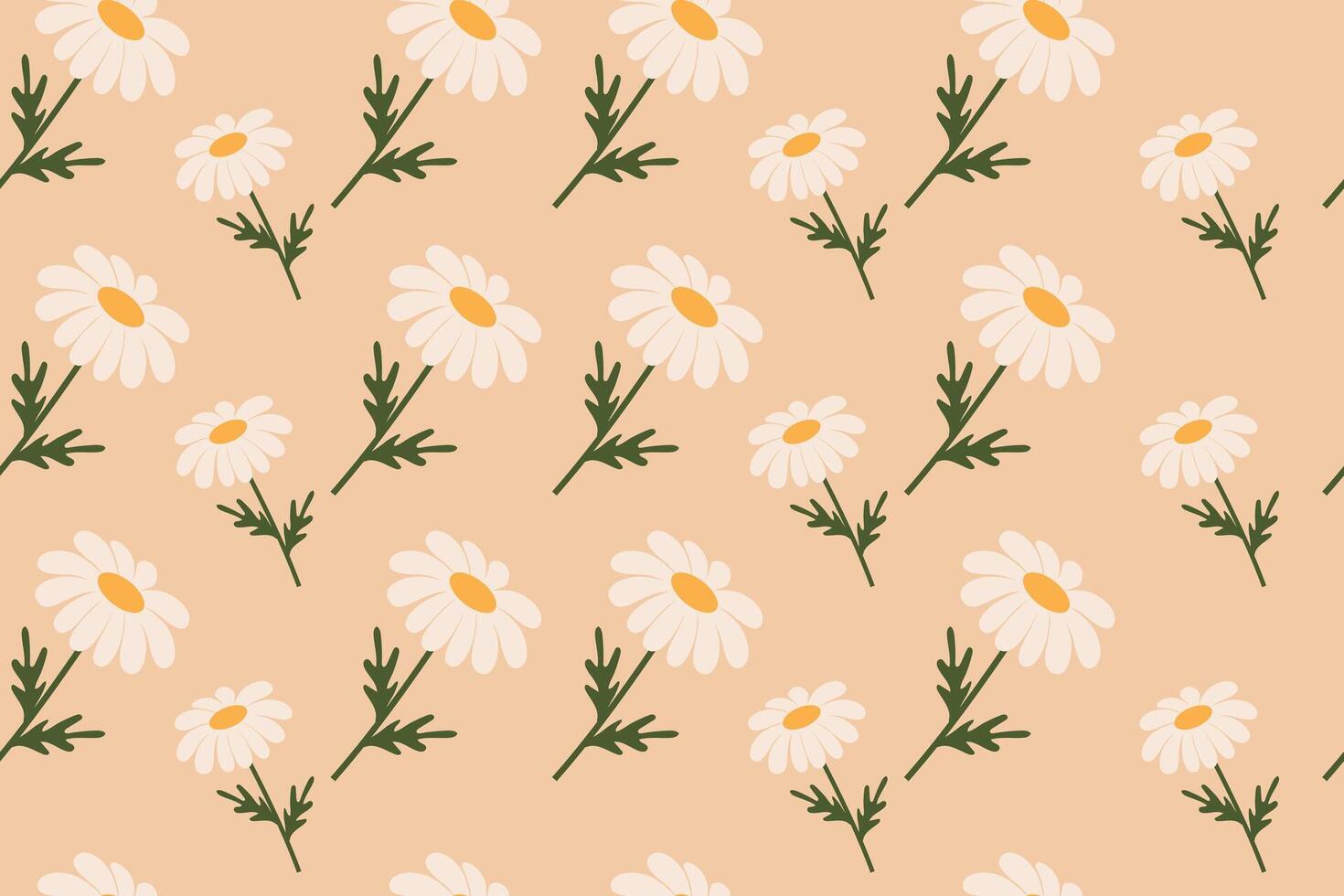 Floral pattern with hand drawn white daisy flowers and green leaves on a pastel background. Design for wrapping paper, wallpaper, textile, poster background, etc. vector