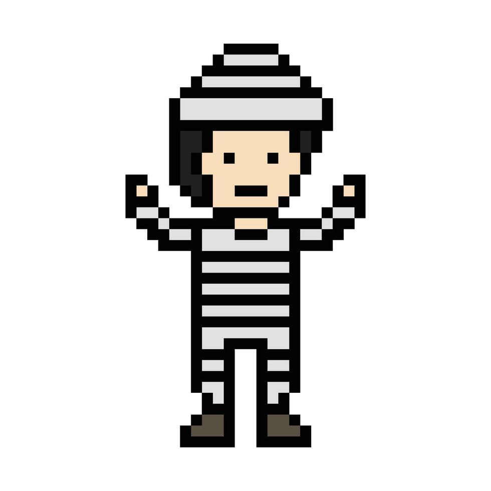 Cartoon man in jail prisoner male in prison 8 bit robber decor. vector