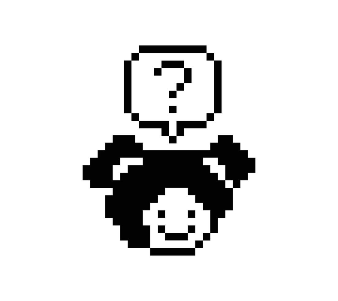 Decoration 8 bit pixel art lady female woman or girl face with quiz quistion mark icon game. vector