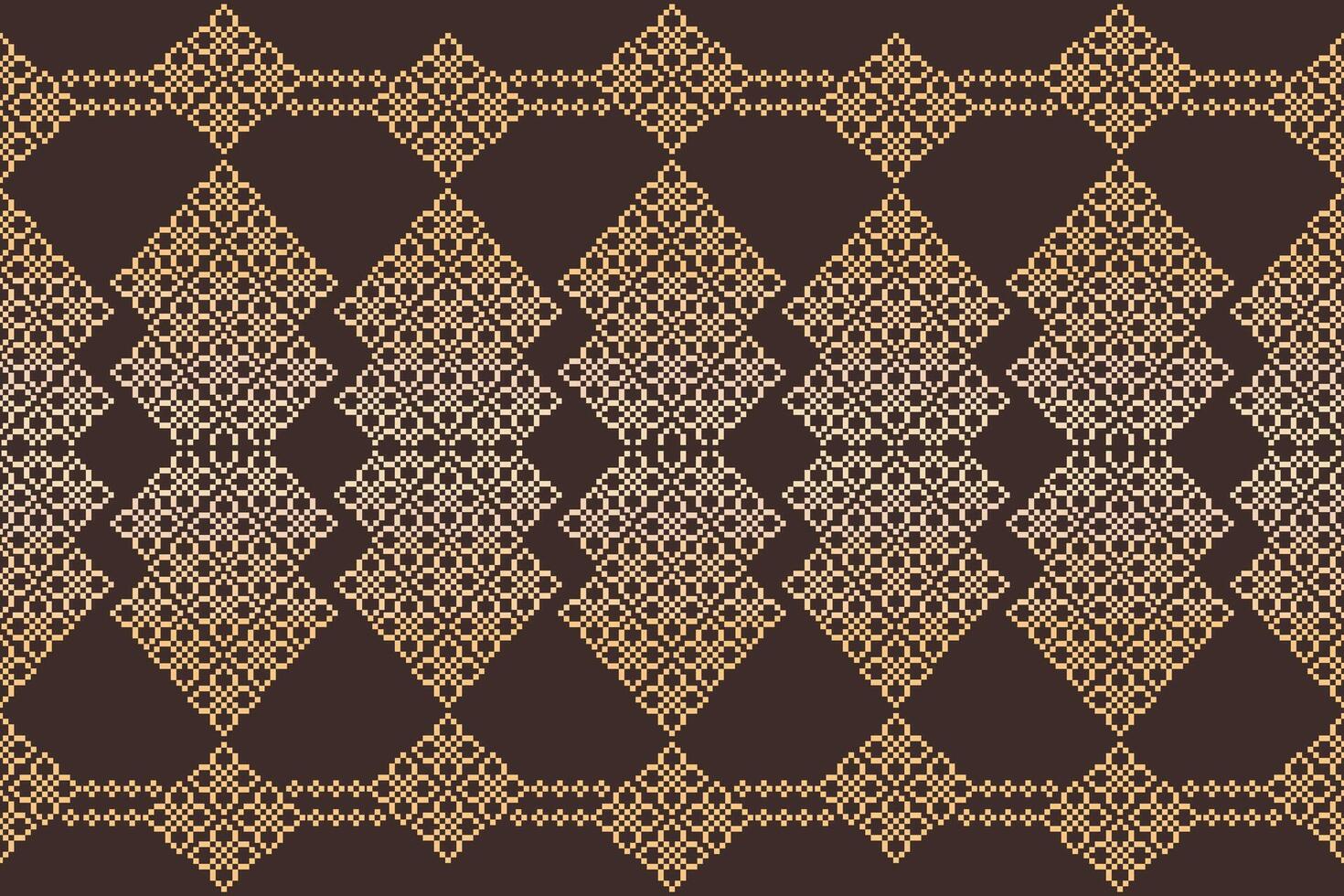 Fabric pattern cross stitch brown background color motif ethnic pattern decoration pixel. vector