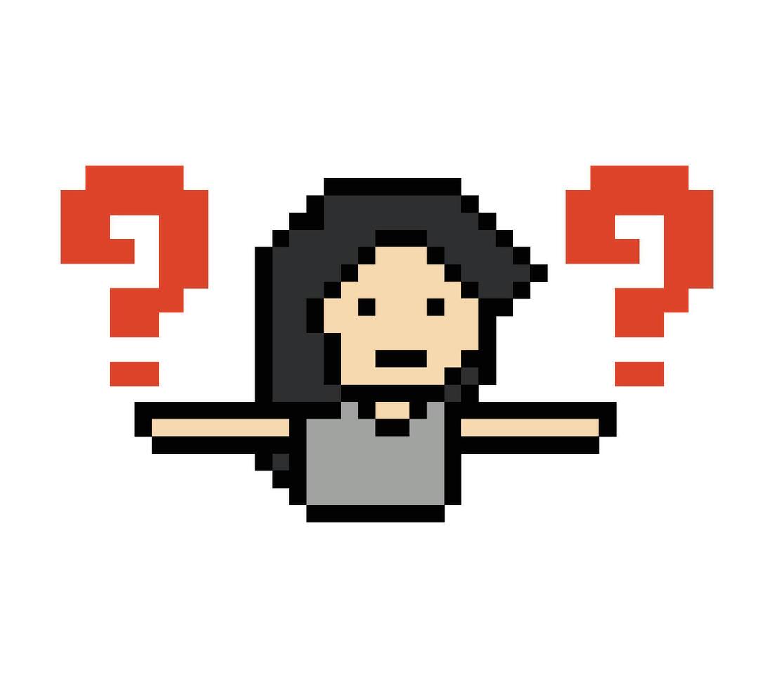 Question mark question quiz and answer with lady female girl woman cartoon 8 bit. vector