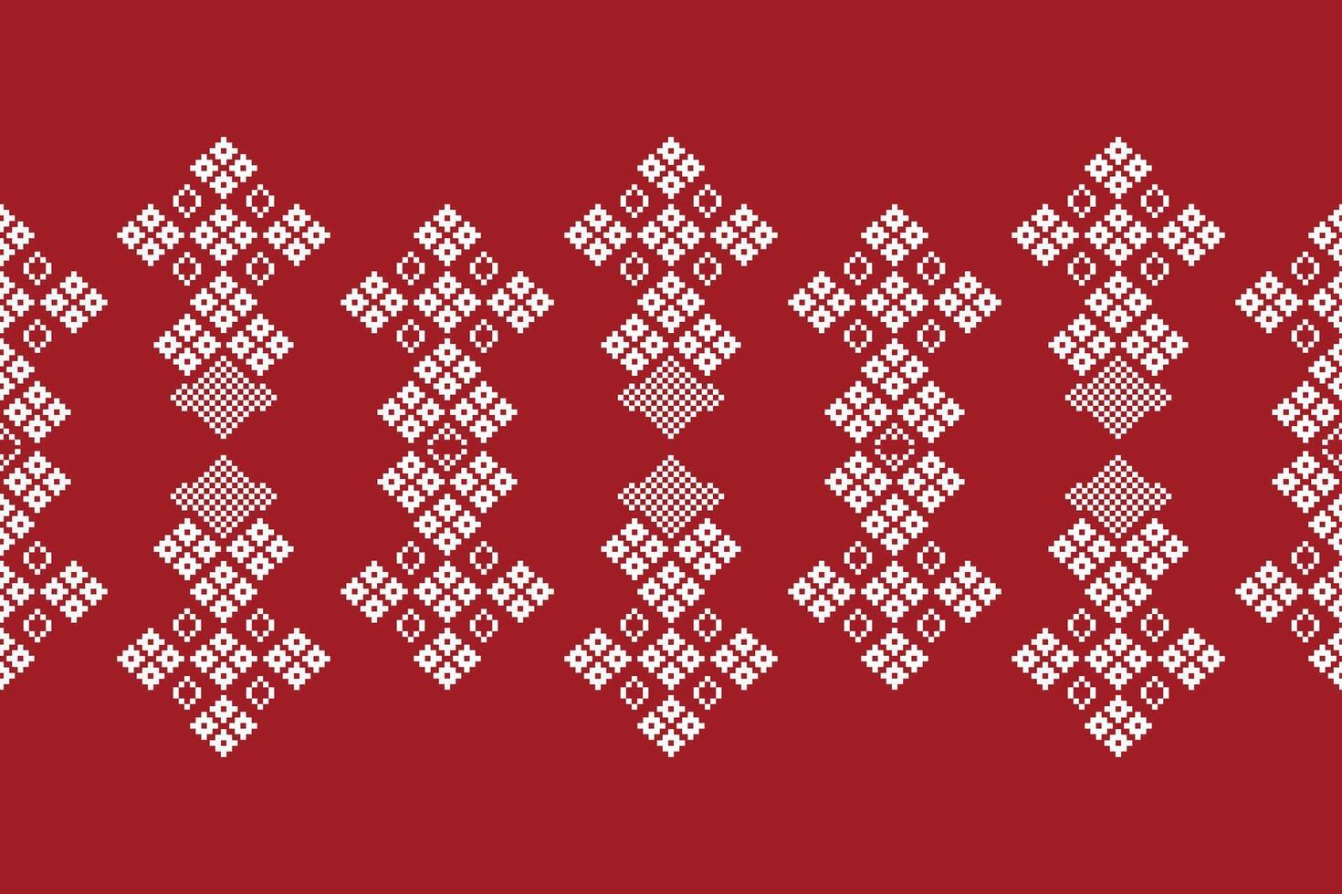 Ethnic pattern with red color background pixel design decoration cross stitch. vector