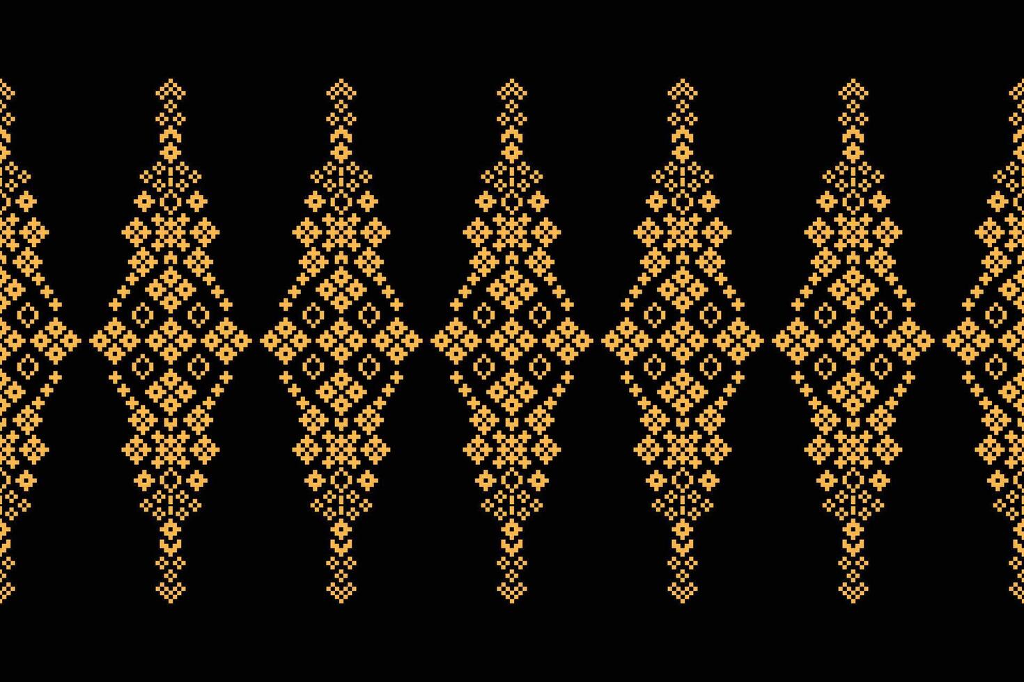 Cross stitch with black background color ethnic pattern motif fabric decor. vector
