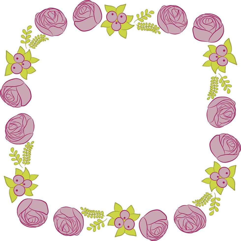 Floral simple square frame isolated on white with hand drawn roses, leaves, berries vector