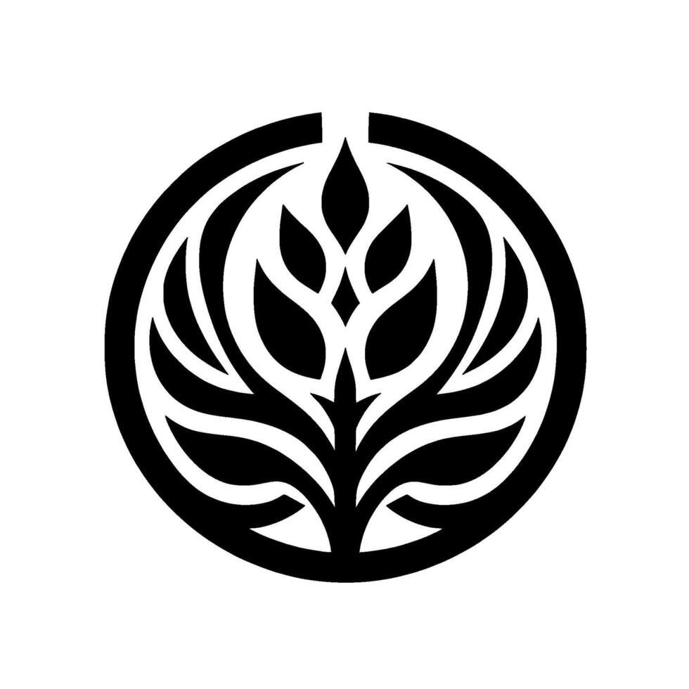 Elegant, black and white circular emblem featuring a stylized plant with symmetrical leaves and a negative space aperture, on a pristine white background. vector