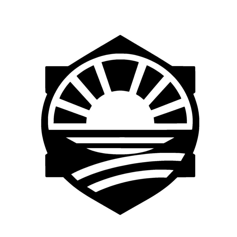 Black and White Badge of a Sunrise over Rolling Hills, within a Hexagonal Frame, Minimalist vector