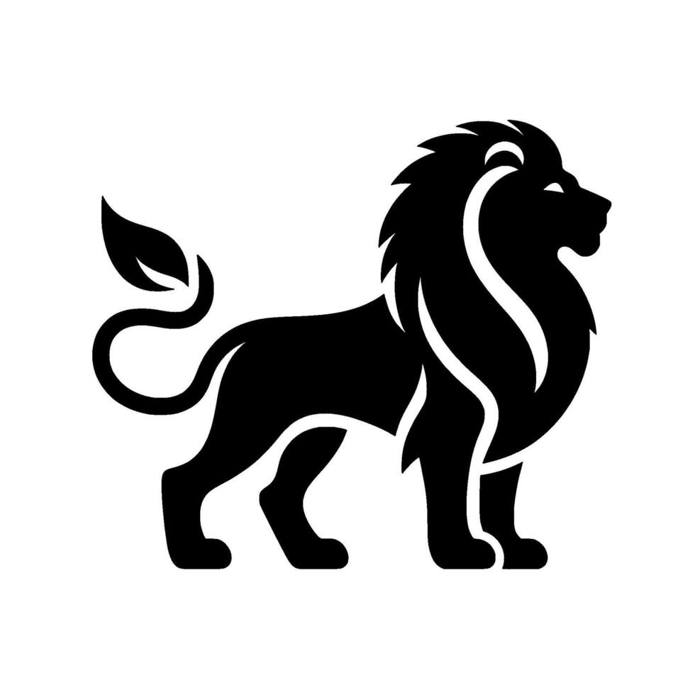 A stylized black lion with a flowing white mane outline, leafy tail, and a regal stance, set against a clean white backdrop. vector