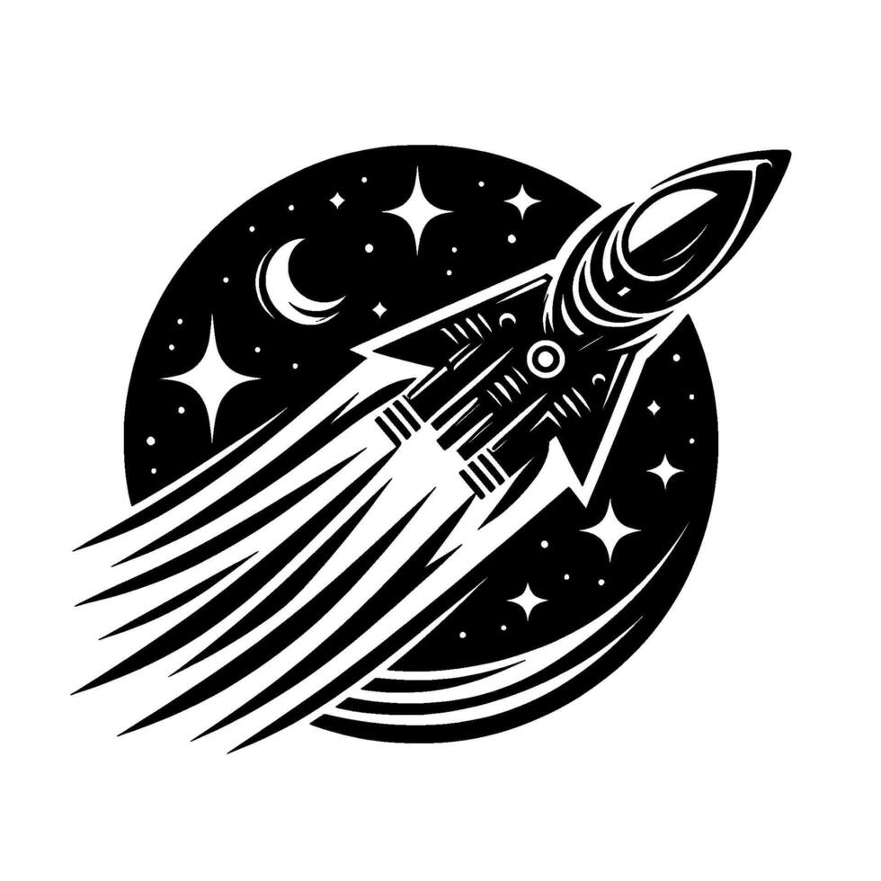 A stylized black and white illustration depicting a rocket ship blasting off through a starry night sky within a circular frame containing a crescent moon. vector