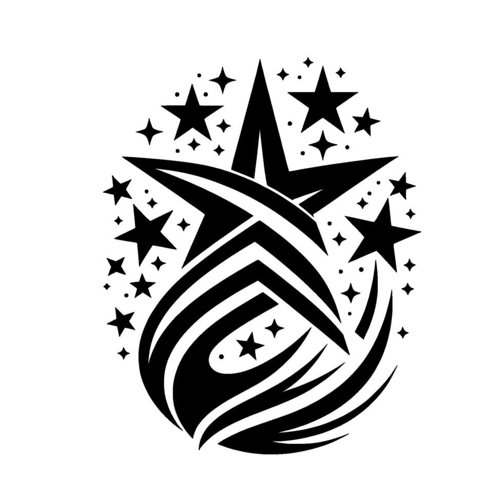 Abstract Black and White Starburst Overlapping Star Shapes with Curved Lines and Star Dust, Isolated on White Background vector