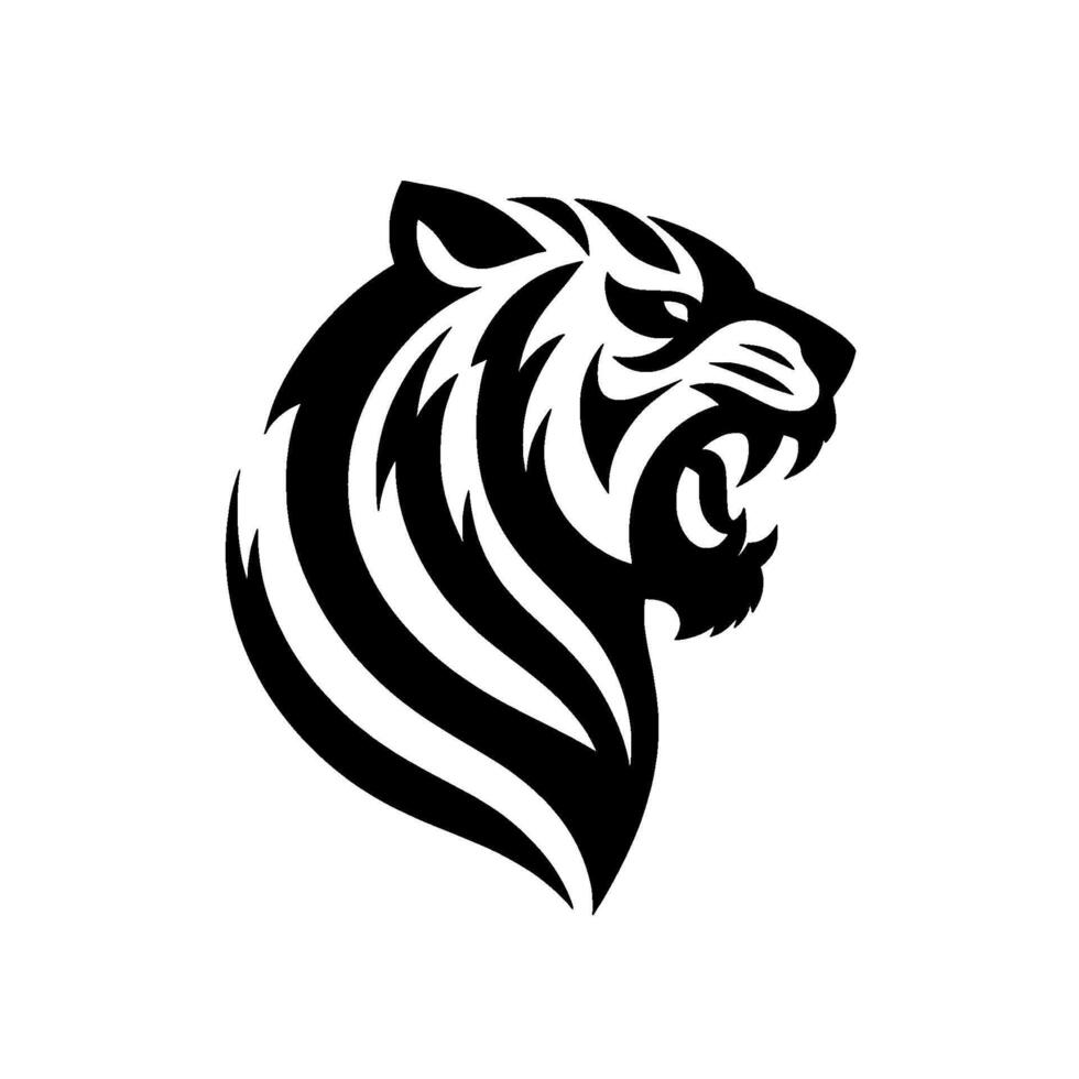 Bold, Minimalist Tiger Head Profile in Black and White, Roaring, Depicting Strength, Aggression, and Wildlife, Modern . vector