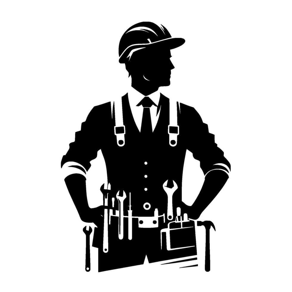 Black White Silhouette of a Professional Construction Worker with Tools, Hard Hat, and Tool Belt, Looking Confident vector