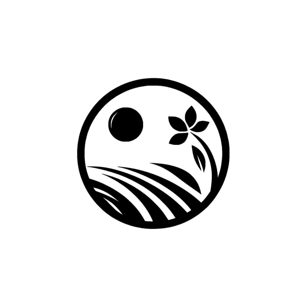 Abstract circular monochrome depicting a stylized field with flowing lines, a sun, and a delicate floral element, suggesting growth. vector