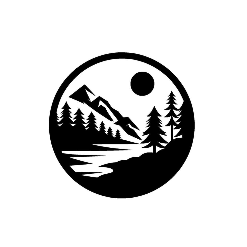 Silhouette landscape inside circle Mountain range, pine trees, river, and sun, simple black and white illustration. vector